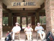 The Musketeers in front of Zion Lodge, relaxing.